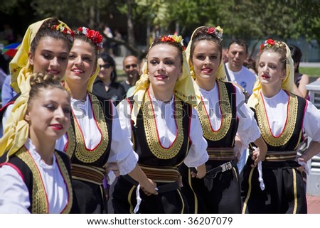 BANJA LUKA - JUNE 21 - Young people in traditional Bosnian ethnic clothing during the International folk dance festival Dukat fest 2009. The event was held June 21,2009 in Banja Luka, Bosnia