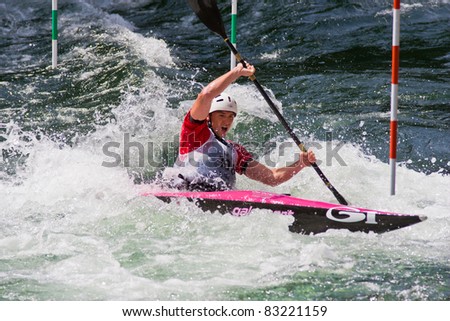 BANJA LUKA, BOSNIA AND HERZEGOVINA - JULY 16: An unidentified athlete from Croatia competes at European Junior and U23 Canoe Slalom Championships on July 16, 2011 in Banja Luka, Bosnia and Herzegovina. The event is from July 14-17, 2011.