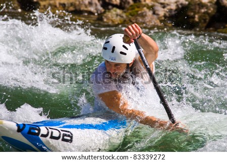 BANJA LUKA, BOSNIA AND HERZEGOVINA - JULY 16: An unidentified athlete from Russia competes at European Junior and U23 Canoe Slalom Championships on July 16, 2011, Banja Luka, Bosnia/Herzegovina.