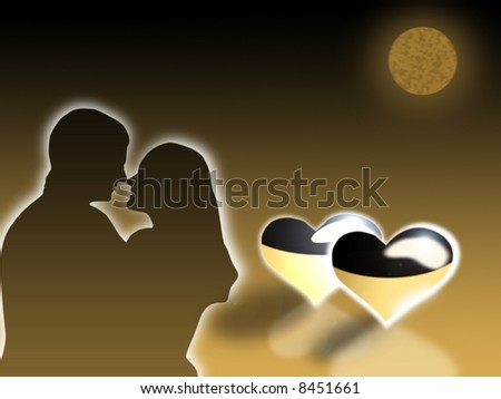 Two in love embrace at light of the moon on a background of hearts