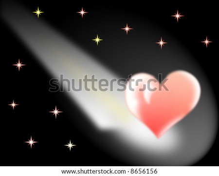 Translucent heart on a background of the star sky in a ray of light