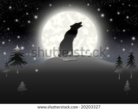 Solitary wolf sitting on background of the moon