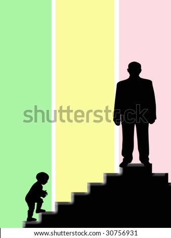 Child does step on stairway to top, man on top
