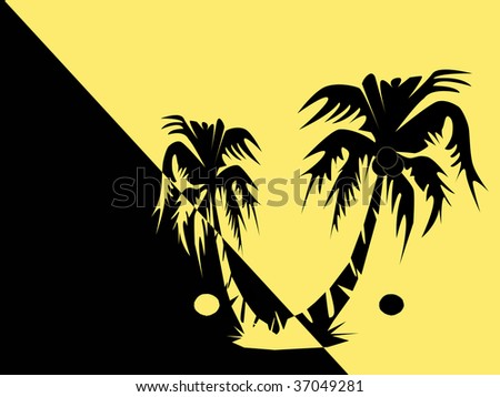 Black and yellow silhouette of a palm tree with a coco