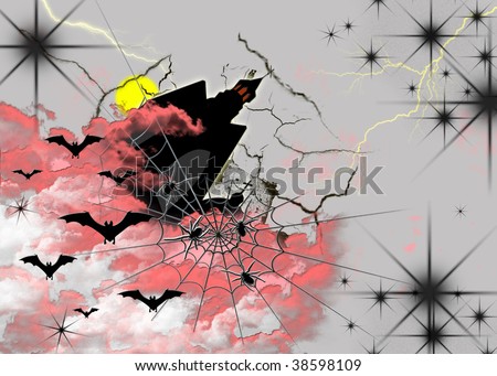 Abstract postcard on Halloween with bats, spider and black lock
