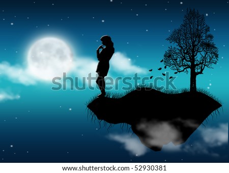 Girl on breakaway pensive looks at get fat moon