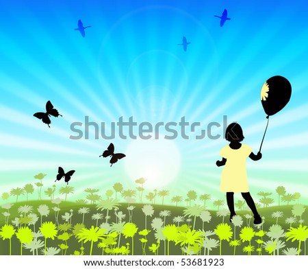 silhouette small girls on floral meadow with flitting butterfly
