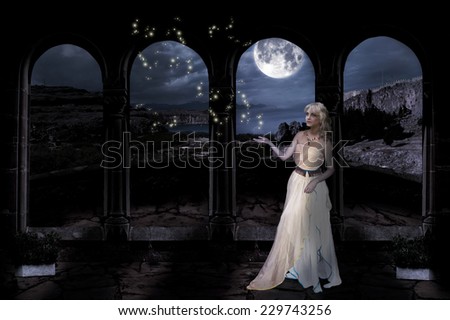 night magic  landscape of fantasy girl in the castle. collage