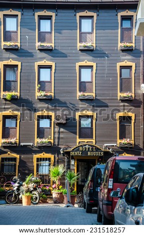 ISTANBUL, TURKEY - JUNE 11, 2014 : Deniz Houses Hotel is one of popular hotel in the center of historical area in Istanbul, Turkey on June 11, 2014.