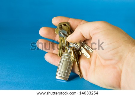 Bunch of keys with a keyring on blue background