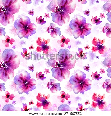 Seamless pattern of watercolor purple flowers