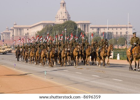 Mounted soldiers parading down the Raj Path, New Delhi in preparation for the Republic Day Parade