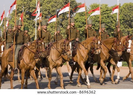 Mounted soldiers parading down the Raj Path, New Delhi in preparation for the Republic Day Parade