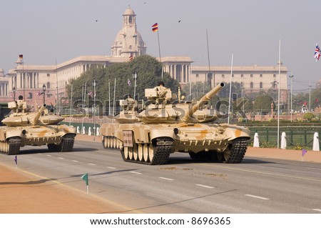 Tanks parading down the Raj Path in preparation for the Republic Day Parade, New Delhi, India