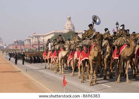 Mounted band of the Indian Army Camel Corps parading down the Raj Path in preparation for the Republic Day Parade, New Delhi, India