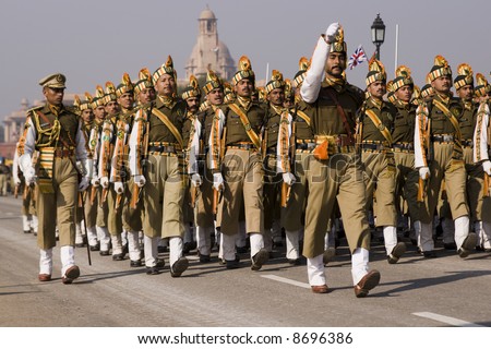 Soldiers parading down the Raj Path in preparation for the Republic Day Parade, New Delhi, India