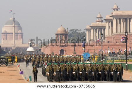 Soldiers marching down the Raj Path in preparation for Republic Day Parade, New Delhi, India