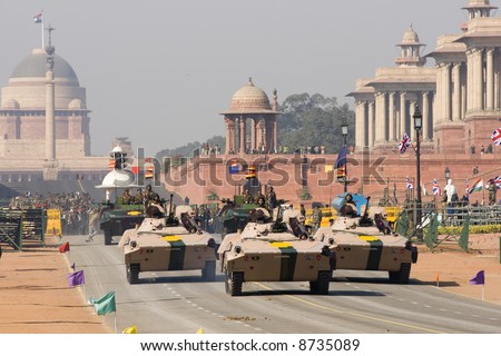Armored vehicles driving down the Raj Path in preparation for Republic Day Parade, New Delhi, India