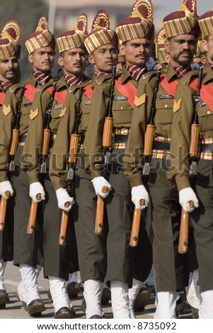 Soldiers marching down the Raj Path in preparation for Republic Day Parade, New Delhi, India