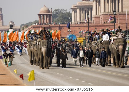 Elephants walking down the Raj Path in preparation for Republic Day Parade, New Delhi, India