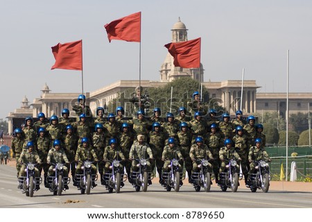 Motorbike display team of the Indian Army riding down the Raj Path in preparation for the Republic Day Parade