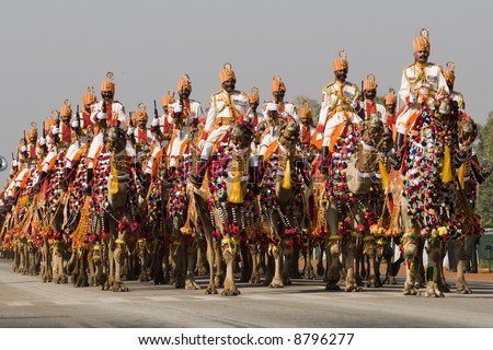 Soldiers of the Indian Army Camel Corps riding down the Raj Path in preparation for the Republic Day Parade
