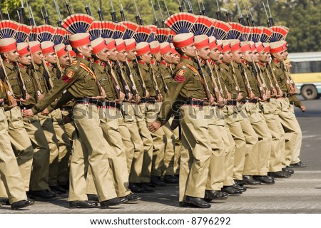 Soldiers of the Indian Army marching down the Raj Path in preparation for the Republic Day Parade