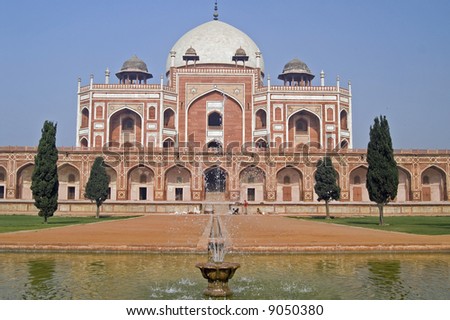 Humayun\'s Tomb in Delhi. Mogul style mausoleum made of red sandstone inlaid with white marble and topped by a white marble dome.