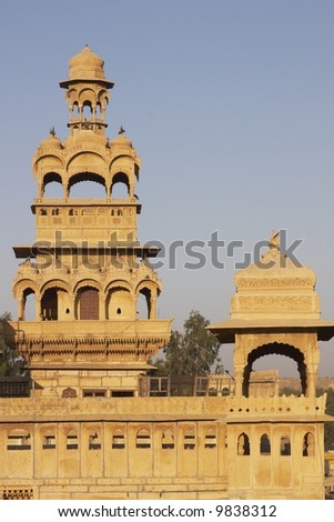 Ornate carved stone tower of the Mandir Palace in Jaisalmer, Rajasthan, India