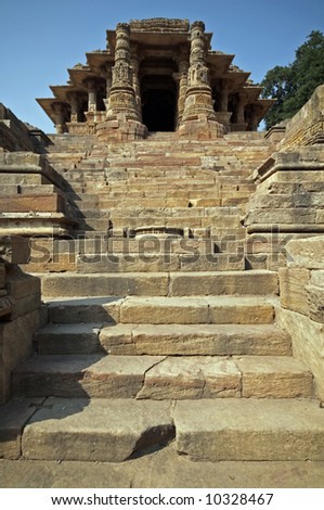 Steps leading to the Sun Temple at Modhera. Ancient Hindu temple built circa 1027. Gujarat, India.