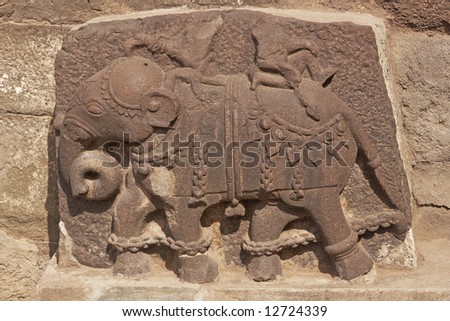Carving of an elephant at the entrance to Daulatabad Fortress, India. 14th Century AD