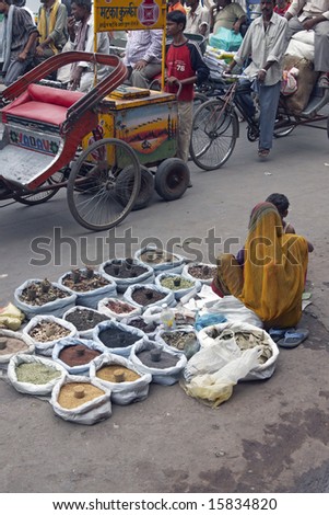 DELHI, INDIA - JULY 17: Unidentified woman selling spices by the side of the road in Old Delhi. July 17, 2008 in Delhi, India.