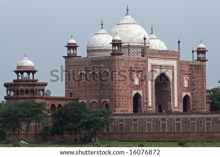 Red sandstone building (Jawab) with white marble domes. Built to provide symmetry by balancing the mosque on the other side of the Taj Mahal (not visible). Agra, Uttar Pradesh. India