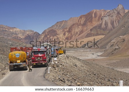 LADAKH, INDIA - AUGUST 20: Fuel tankers on the road between Manali and Leh August 20, 2008 in Ladakh, India