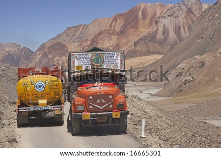 LADAKH, INDIA - AUGUST 20: Fuel tankers on the mountain road between Manali and Leh August 20, 2008 in Ladakh, India