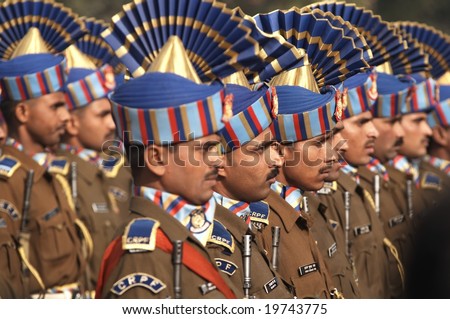 DELHI - JANUARY 18: Soldiers in best dress uniform marching down the RajPath in preparation for the Republic Day Parade January 18, 2007 in Delhi, India