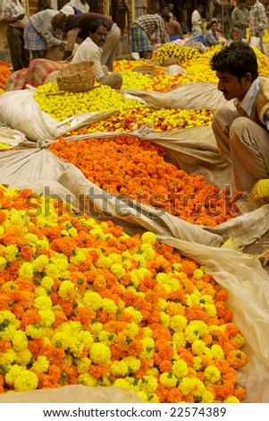 KOLKATA, INDIA - DECEMBER 18: Unknown man selling flowers at the flower market in the shadow of the Haora Bridge on December 18, 2008 in Kolkata, West Bengal, India