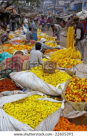 KOLKATA, INDIA - DECEMBER 18: Unknown people buying and selling flowers at the flower market in the shadow of the Haora Bridge on 18 December 2008 in Kolkata, West Bengal, India