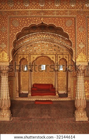 Ornately decorated room inside the palace of an Indian Maharjah. Bikaner, Rajasthan, India