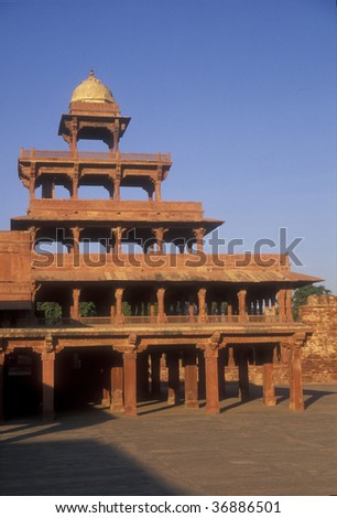 Red sandstone building within the abandoned Mughal fort of Fatehpur Sikri, Uttar Pradesh, India