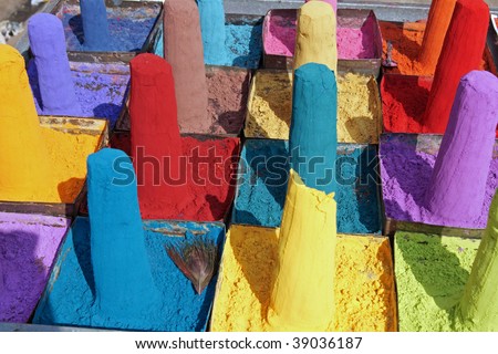 Market Stall Selling Colored Powder at the annual Pushkar Fair in Rajasthan, India