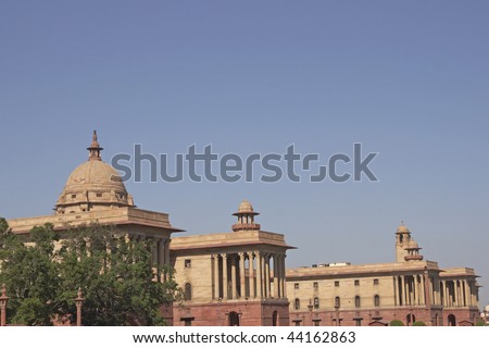 Indian Government buildings built originally during British colonial rule. Raj Path, New Delhi, India. Built circa 1931 AD