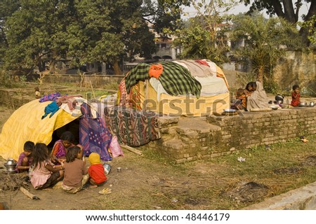 BIHAR, INDIA - 27 NOVEMBER: Home is a makeshift shack for these poor families on November 27, 2007 in Sonepur, Bihar, India.