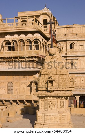 Intricately carved walls and balconies of Jaisalmer Palace inside Jaisalmer Fort, Rajasthan, India