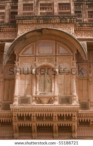 Ornate window of a traditional rajput palace inside Meherangarh Fort , Jodhpur, Rajasthan, India