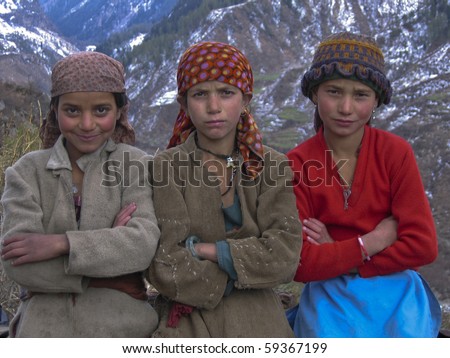 HIMALAYA MOUNTAINS, INDIA - MARCH 21: Unknown group of children from a remote mountain village on March 21, 2009 in the Himalaya Mountains of India