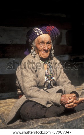 HIMALAYA MOUNTAINS, INDIA - MARCH 22: Unknown old women in a remote mountain village on March 22, 2009 in the Himalaya Mountains of India