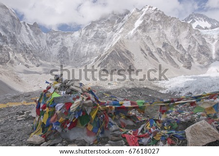 HIMALAYA MOUNTAINS, NEPAL - MAY 16: Buddhist Prayer Flags on May 16, 2010 at Everest Base Camp 5364 Metre up in the Himalaya Mountains of Nepal
