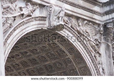 Detail of carvings on the Arch of Septimius Severus. Triumphal Arch to the Roman Emperor Septimius Severus in the Forum, Rome, Italy. Circa AD203
