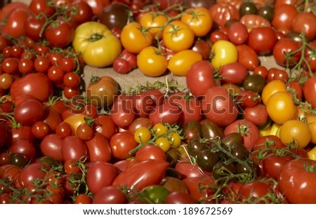 Tomatoes of many shapes, sizes and colours for sale on a market stall in Borough Market, London, England
